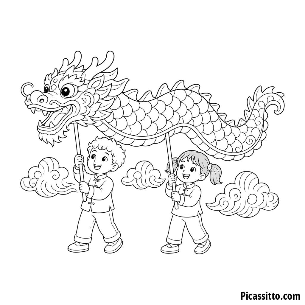 Dança do dragão do Ano Novo Chinês para colorir