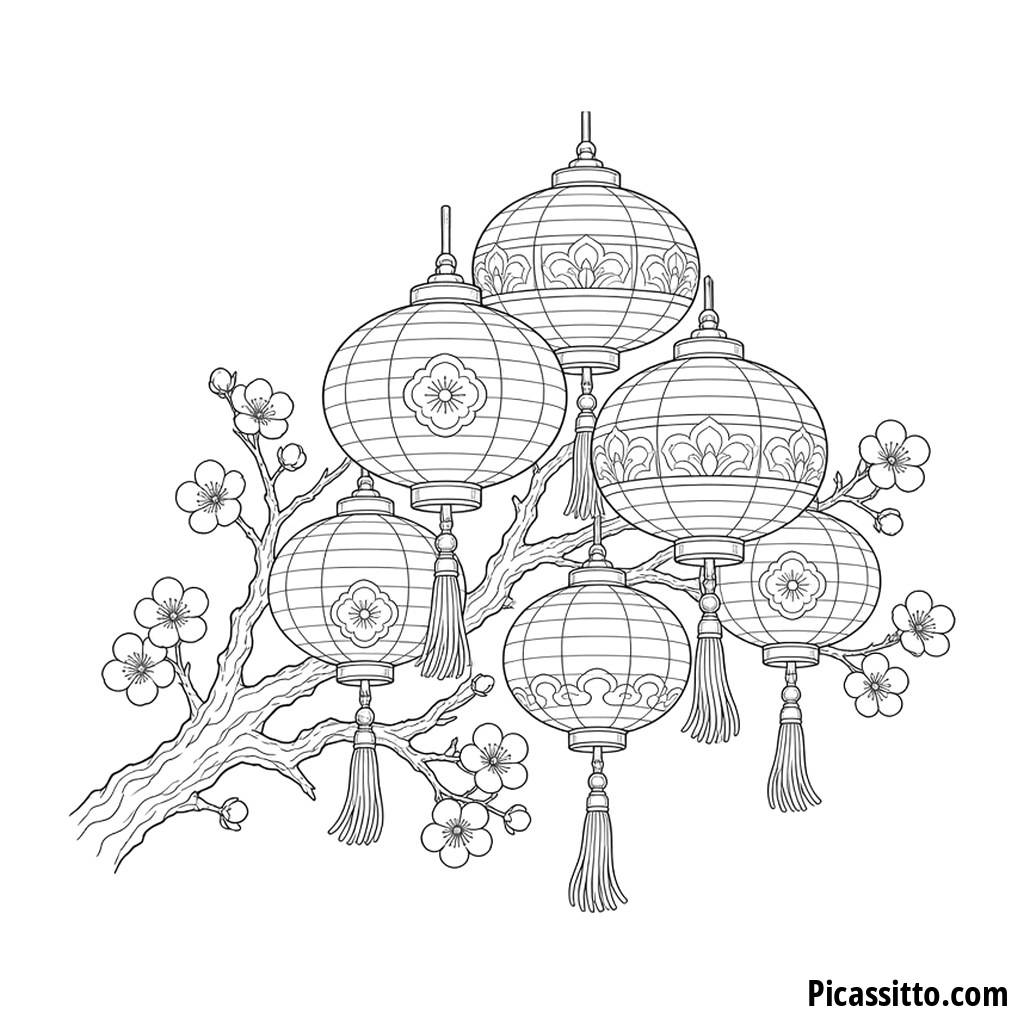 Lanternas e flores de ameixeira do Ano Novo Chinês para colorir