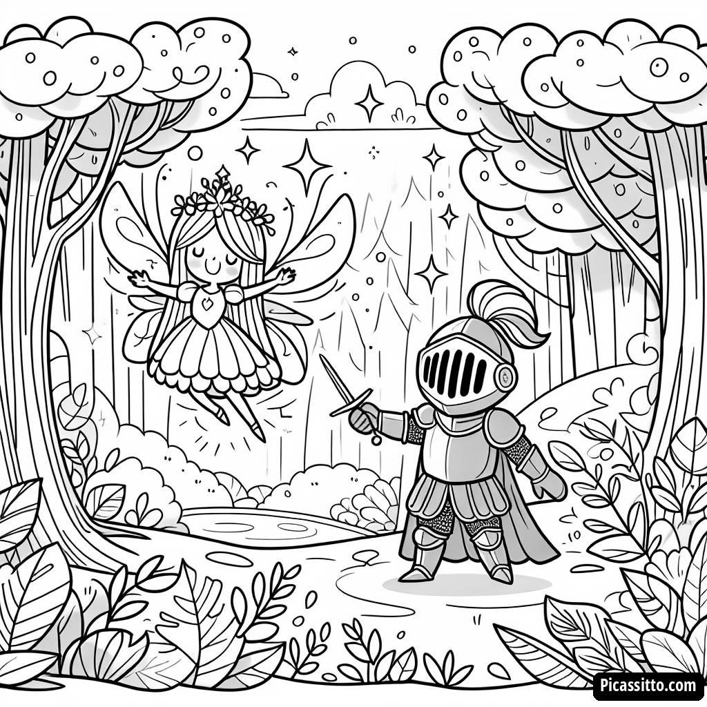 Pagina da Colorare di una Foresta Magica con una Fata e un Cavaliere Eroico