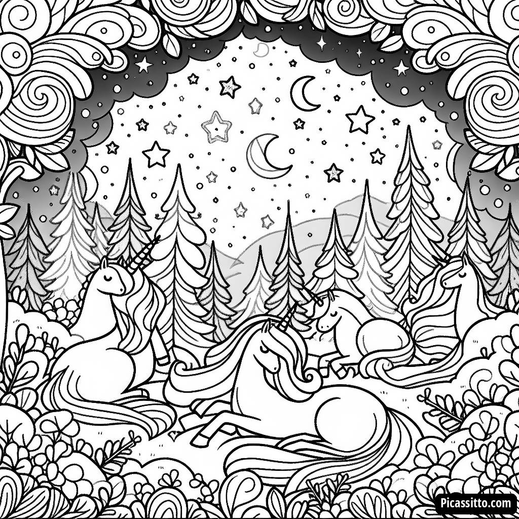 Página para Colorear de un Bosque Mágico con Unicornios y Estrellas