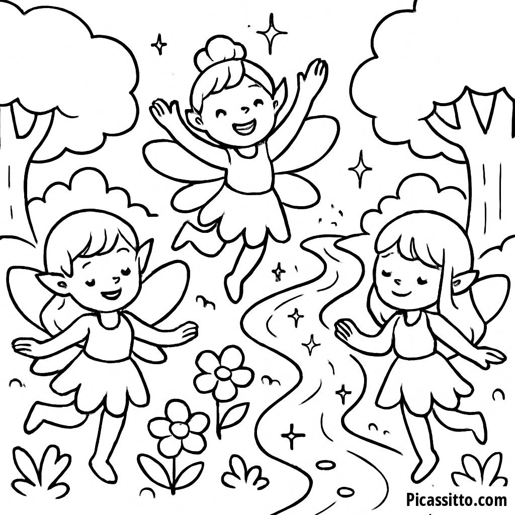 Página para Colorear del Baile de Hadas en un Bosque Mágico