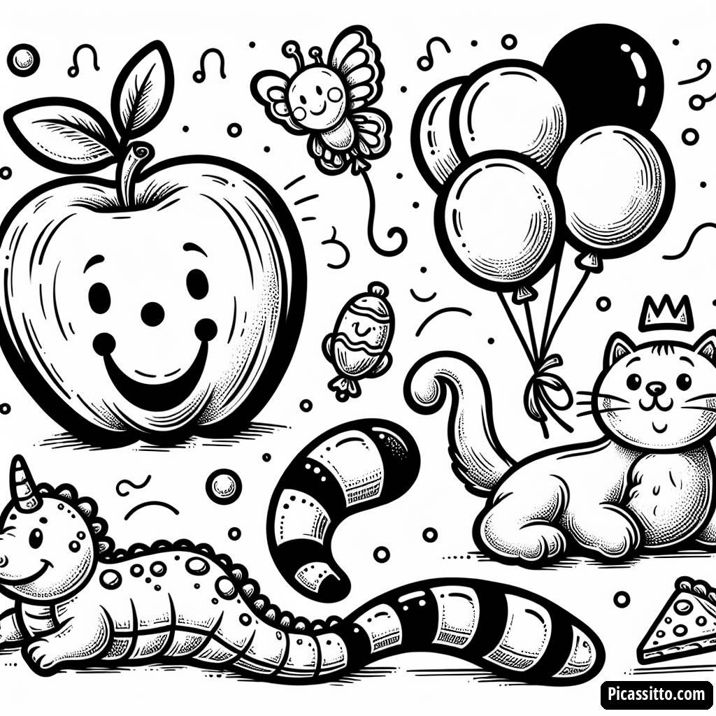 Majestic Apple Coloring Page with a Happy Worm