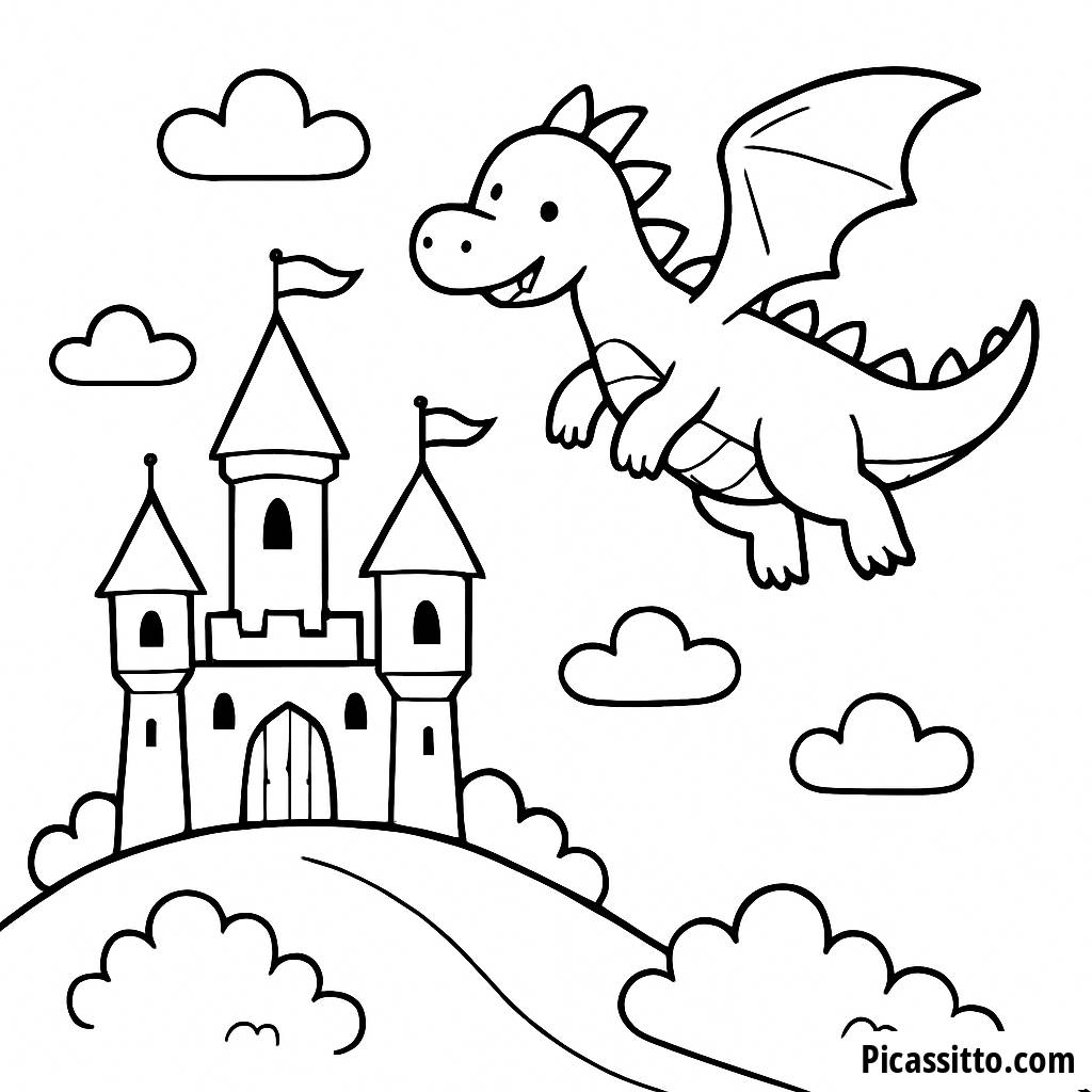 Malvorlage von Majestätischem Schloss und Freundlichem Drachen