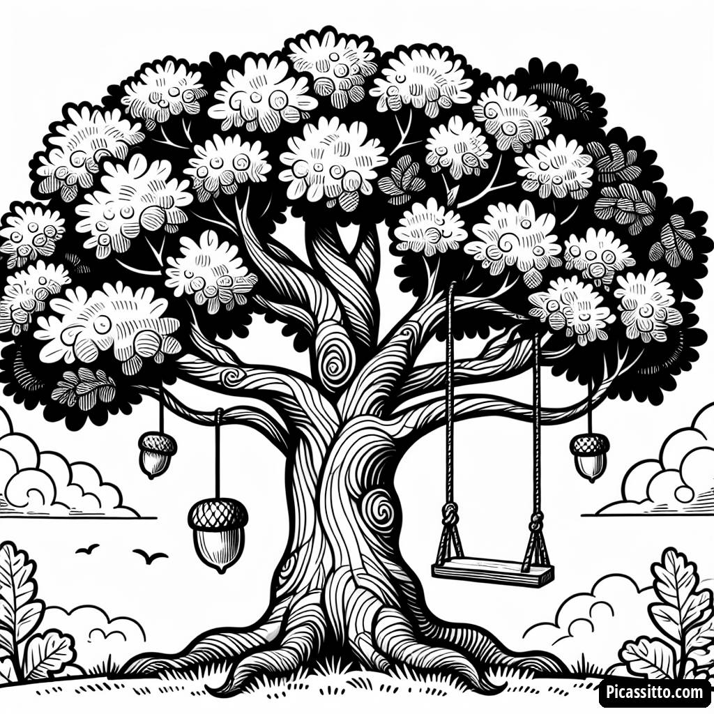 Pagina da Colorare di una Maestosa Quercia