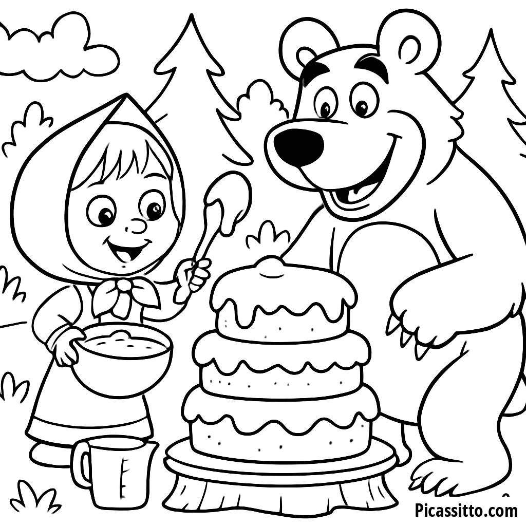 Página para Colorear de Masha y el Oso Haciendo un Pastel Gigante