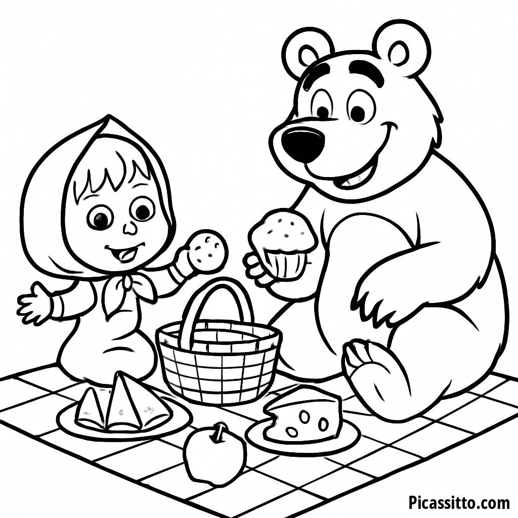 Pagina da Colorare di Masha e Orso al Picnic