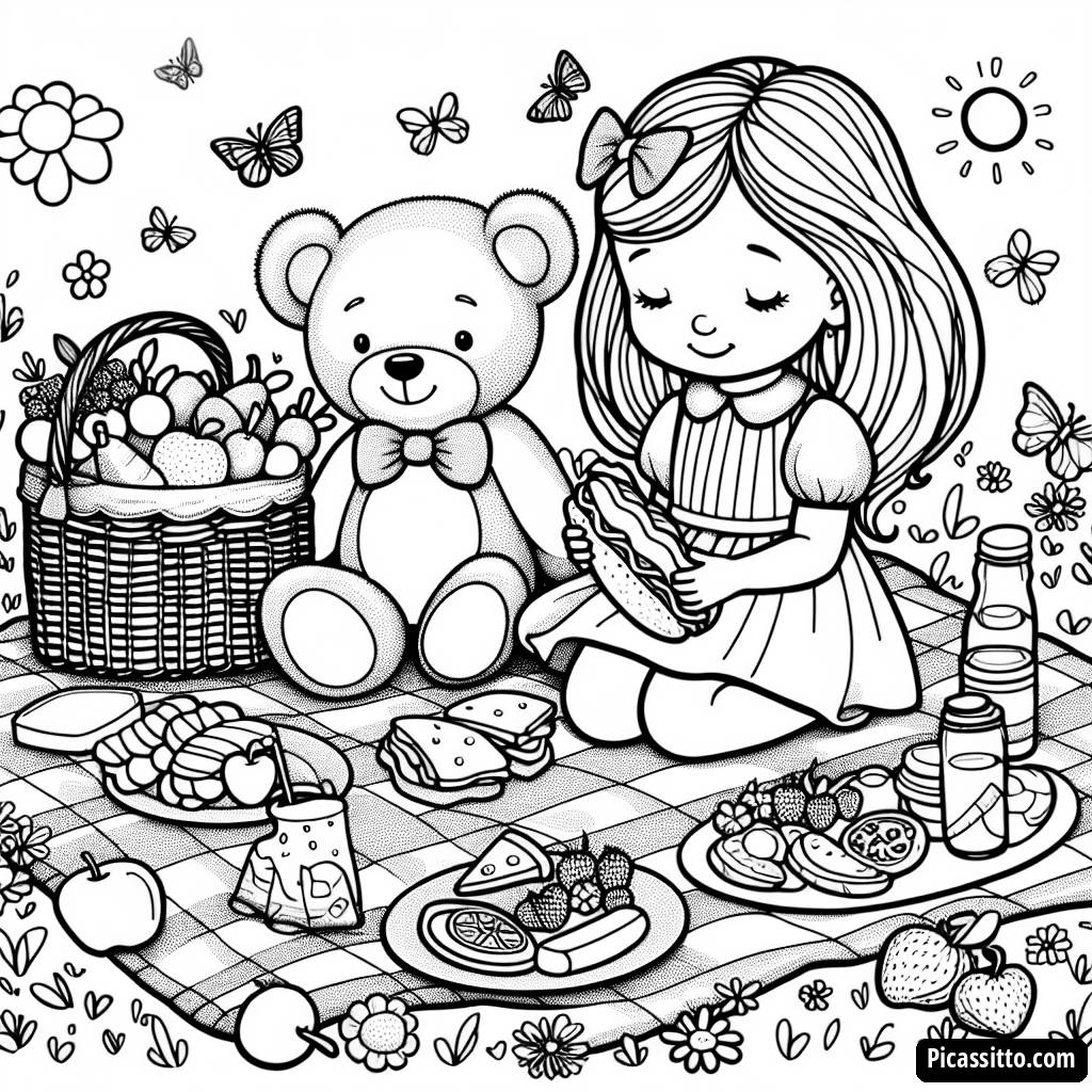 Pagina da Colorare di Masha e Orso al Picnic