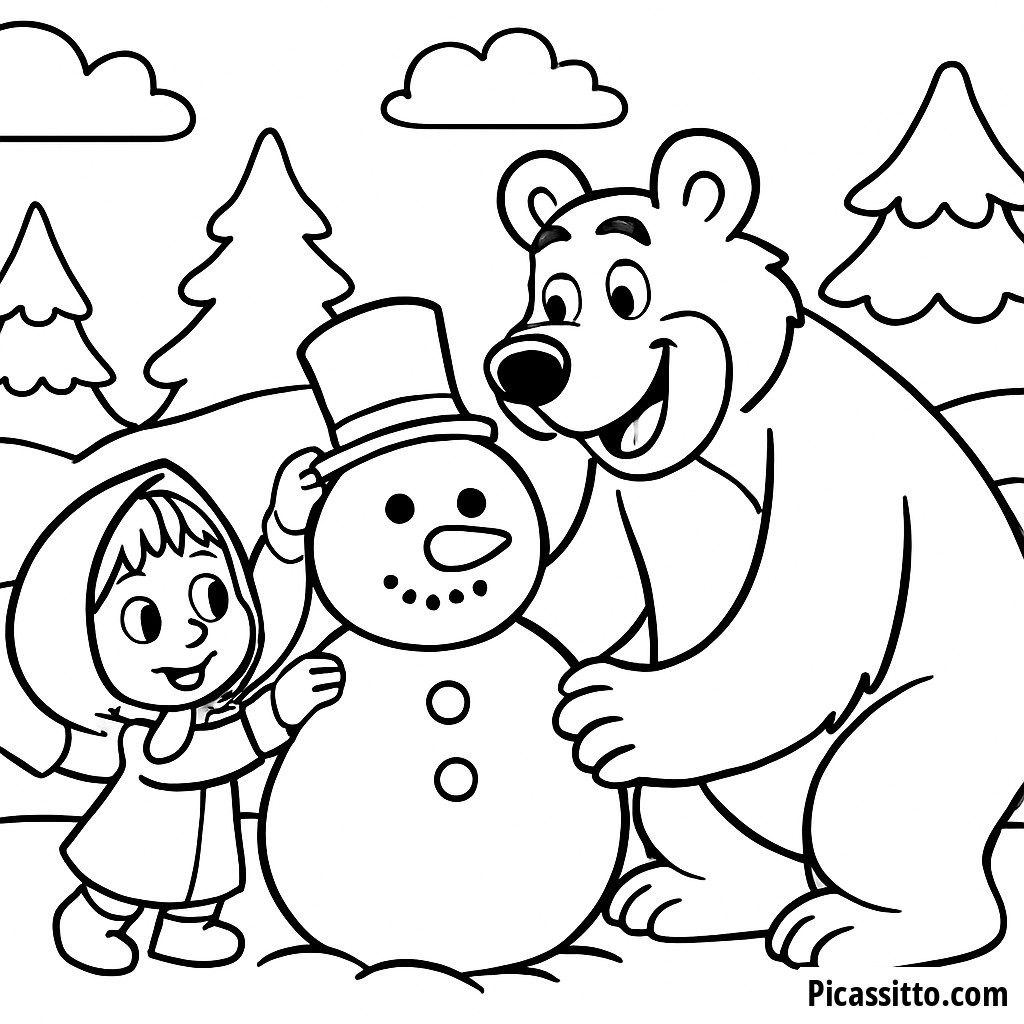 Page à Colorier Masha et Michka Construisant un Bonhomme de Neige