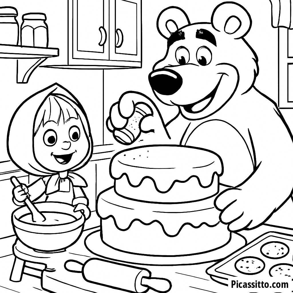 Masha and the Bear Baking a Giant Cake Coloring Page