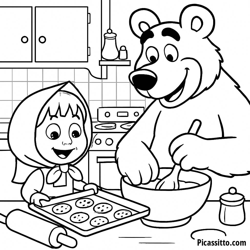 Ausmalbild von Masha und dem Bären beim Kekse Backen