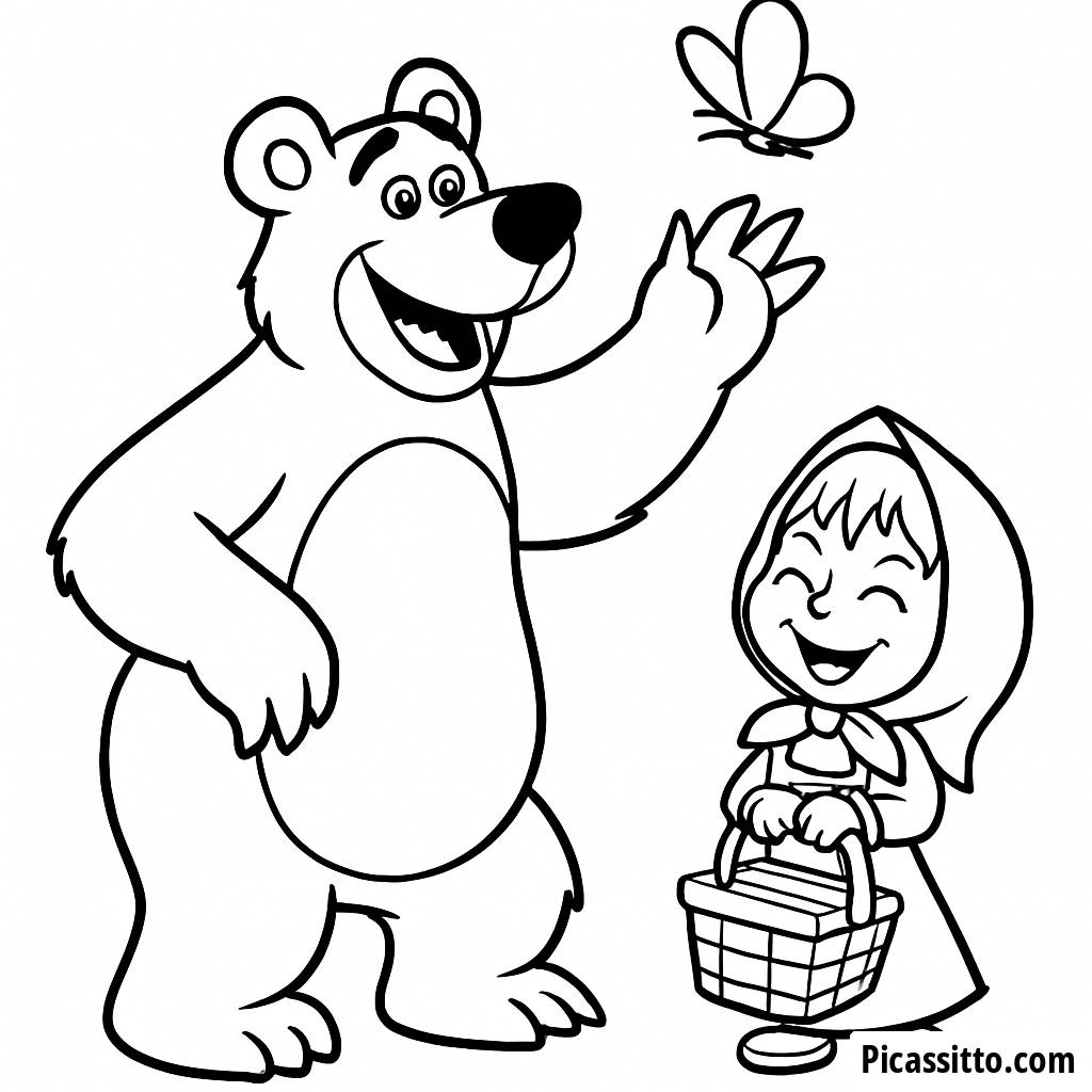 Page à Colorier Masha et l'Ours : L'Ours Poursuit un Papillon