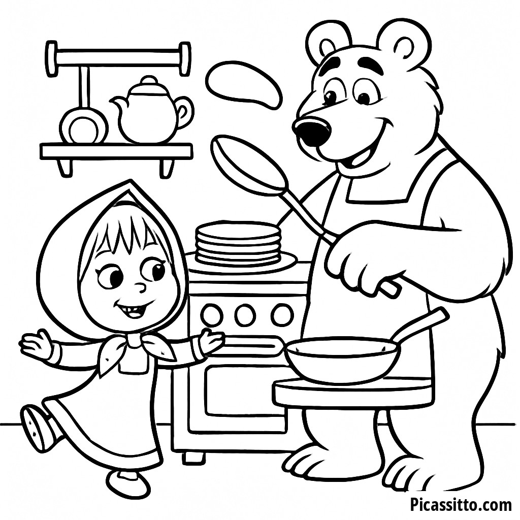 Masha and the Bear Coloring Page: Bear Cooking Pancakes