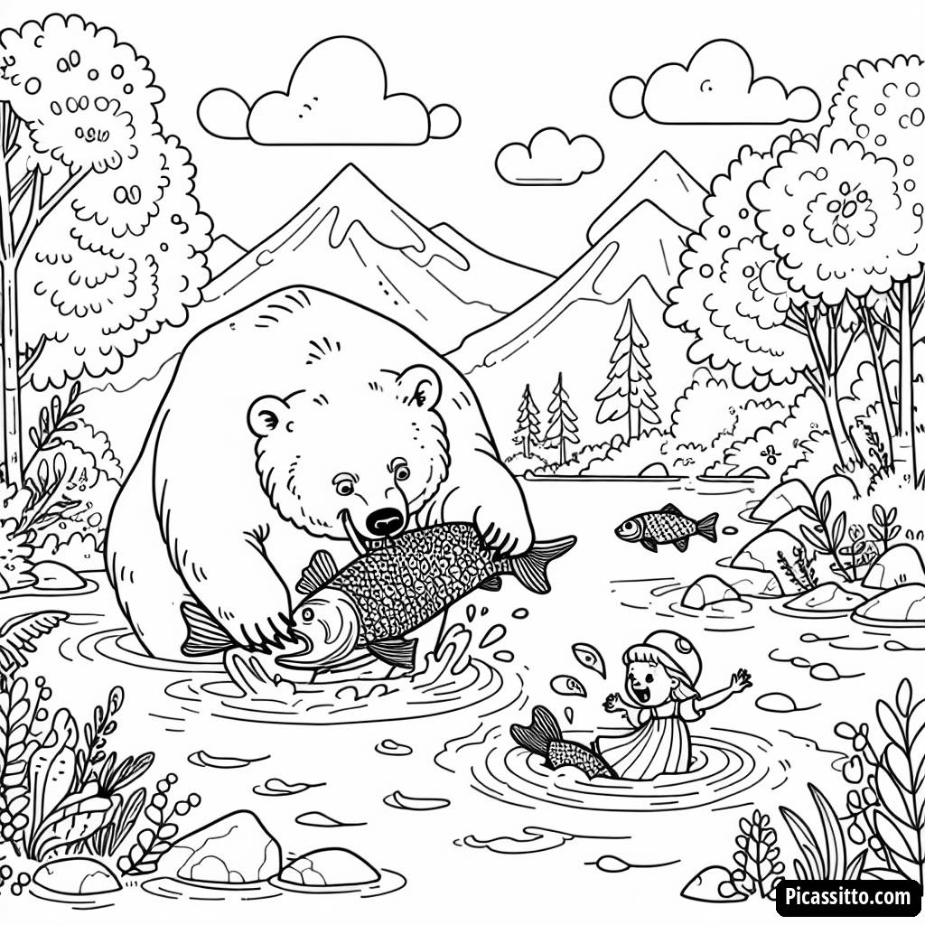 Раскраска Маша и Медведь: Приключение Медведя на Рыбалке