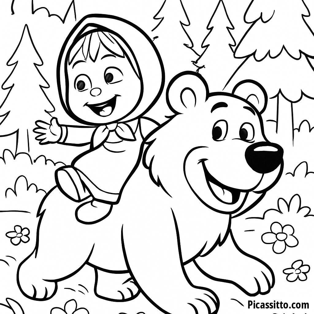 Page à Colorier Masha et l'Ours : Amusement dans la Forêt