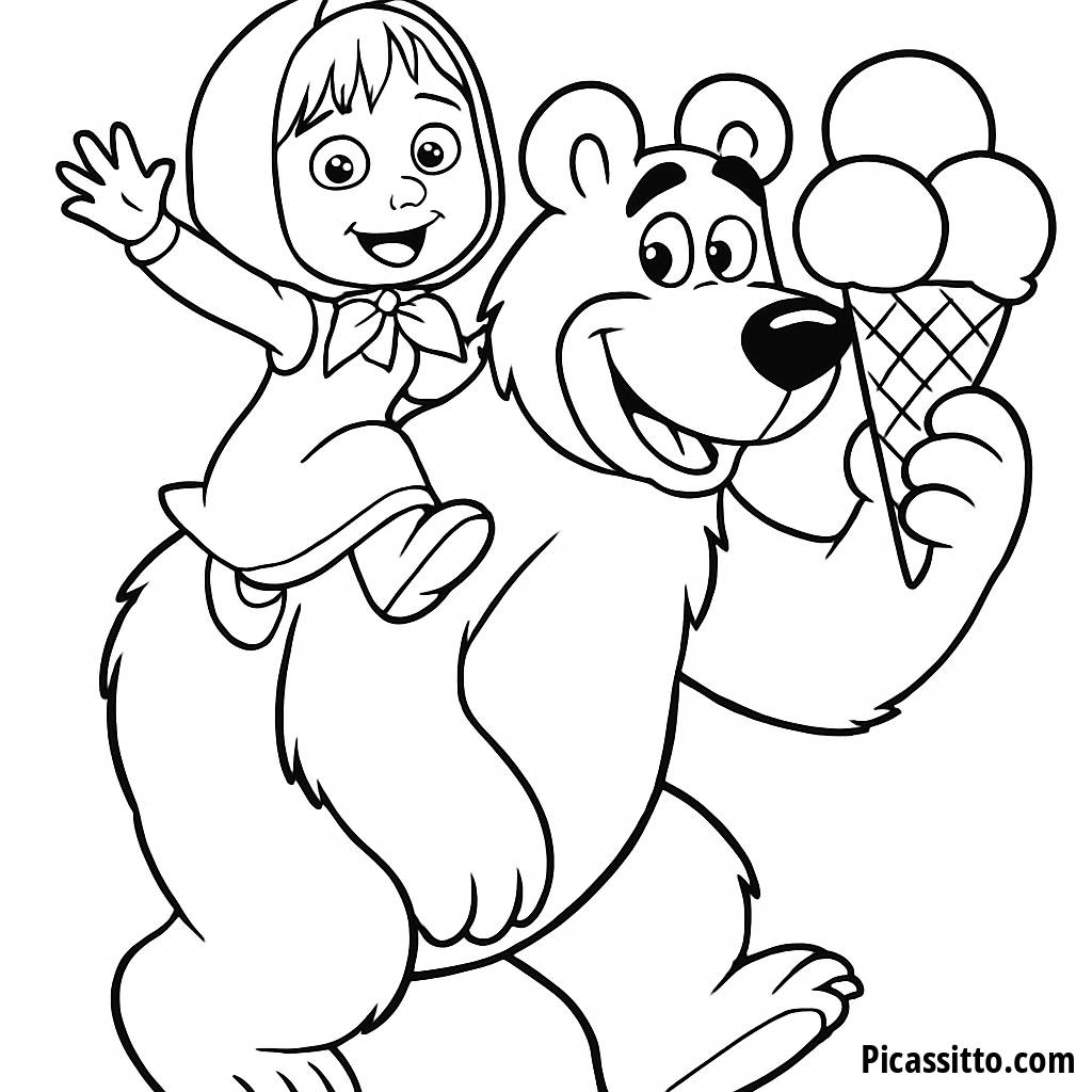 Раскраска Маша и Медведь: Приключение с Мороженым!