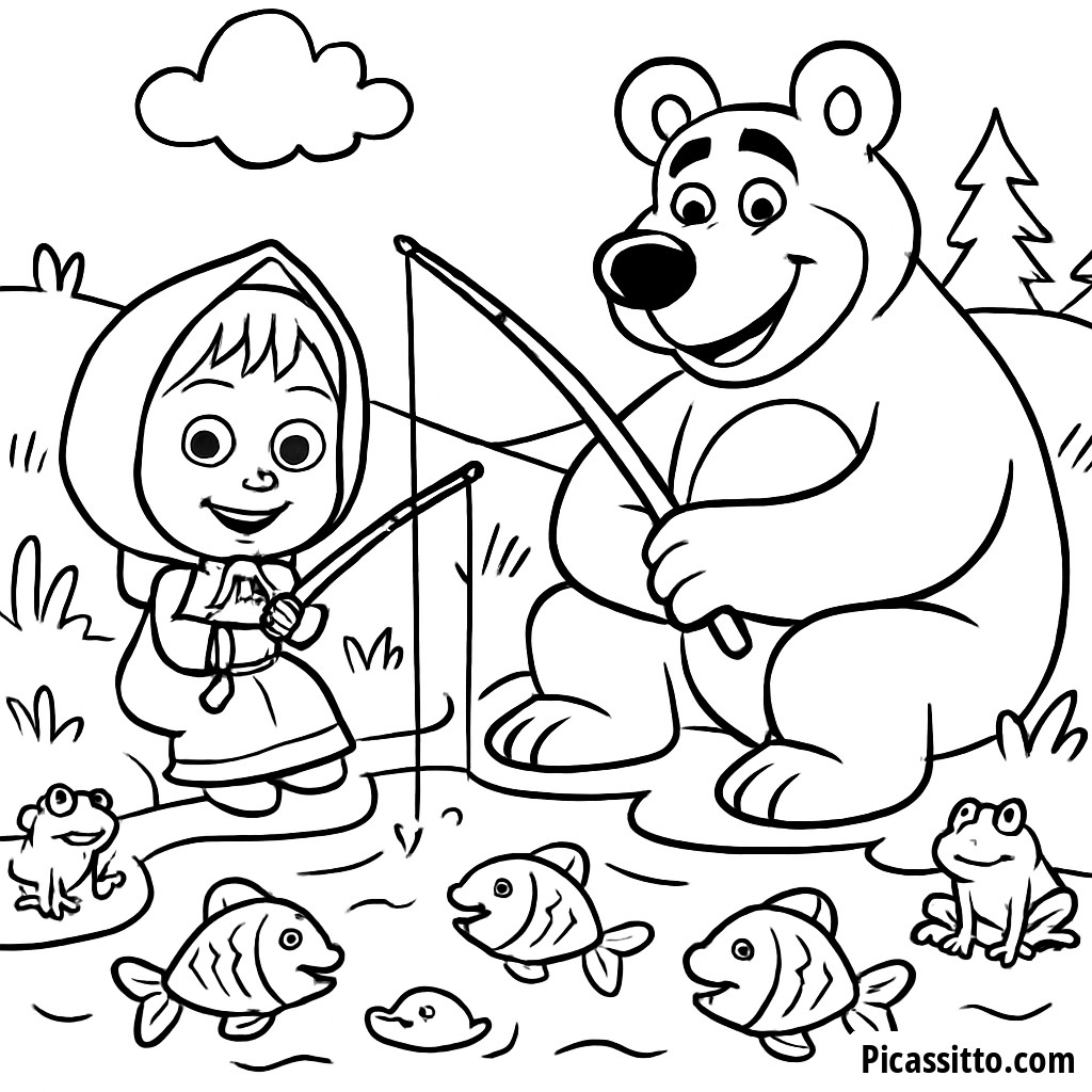 Page à Colorier Masha et l'Ours Pêchant