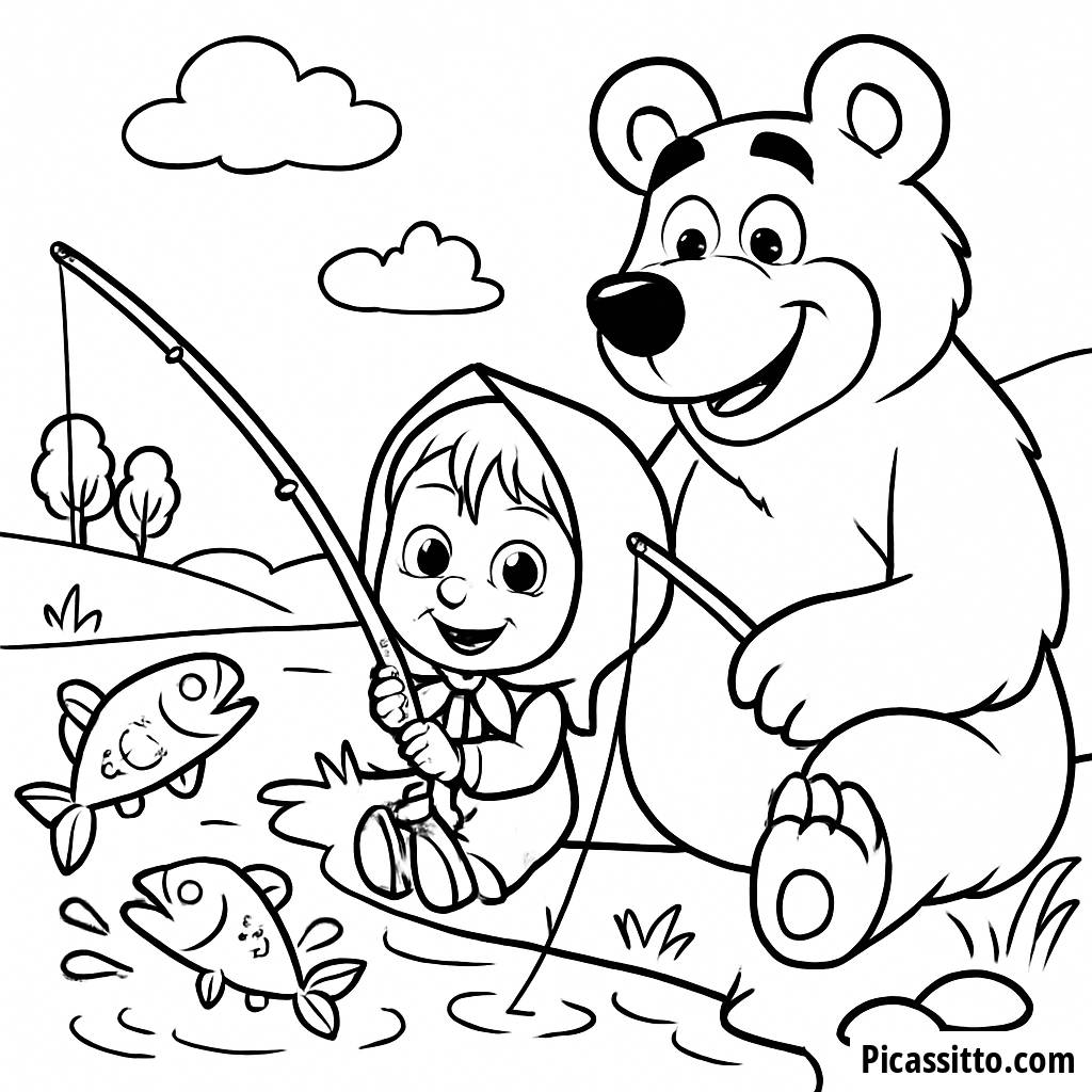 Malvorlage von Masha und dem Bären beim Angeln