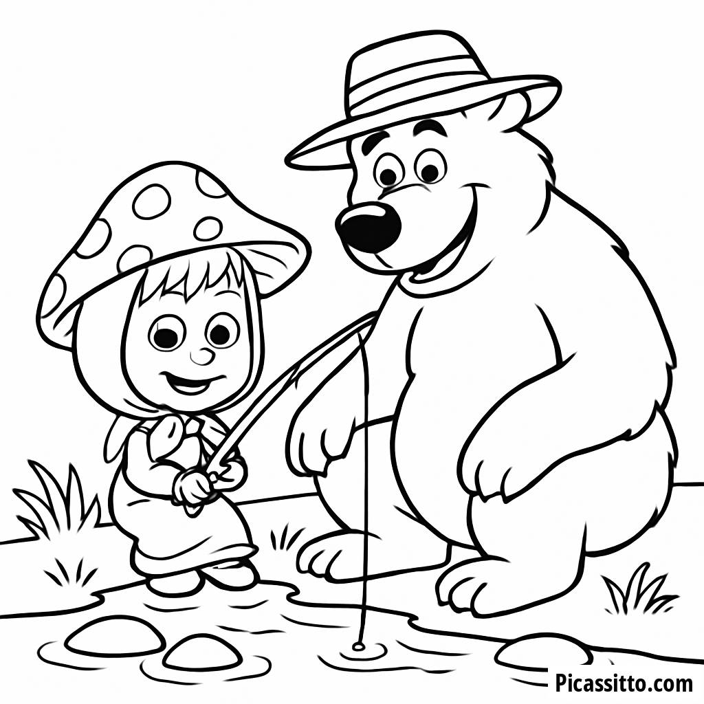 Malvorlage Masha und der Bär beim Lustigen Angeln