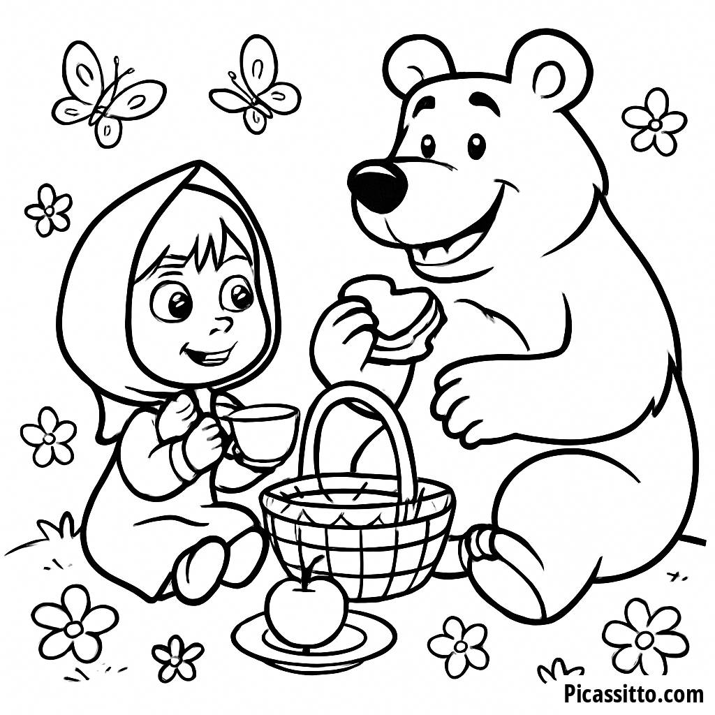 Malvorlage Masha und der Bär beim Picknick