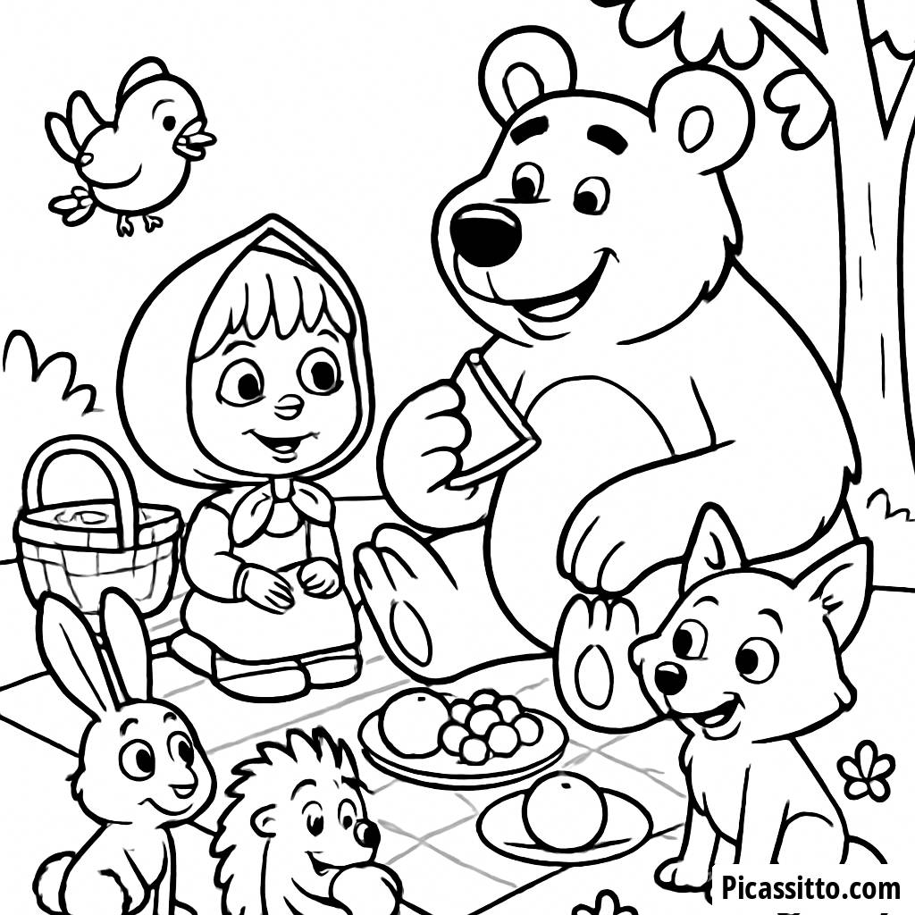 Pagina da Colorare di Masha e Orso al Picnic