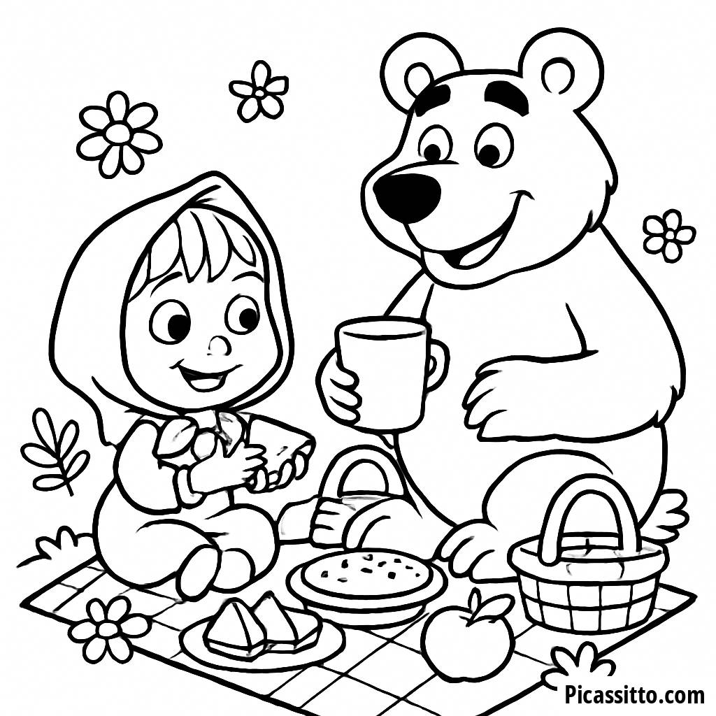 Masha und der Bär Picknick Malvorlage