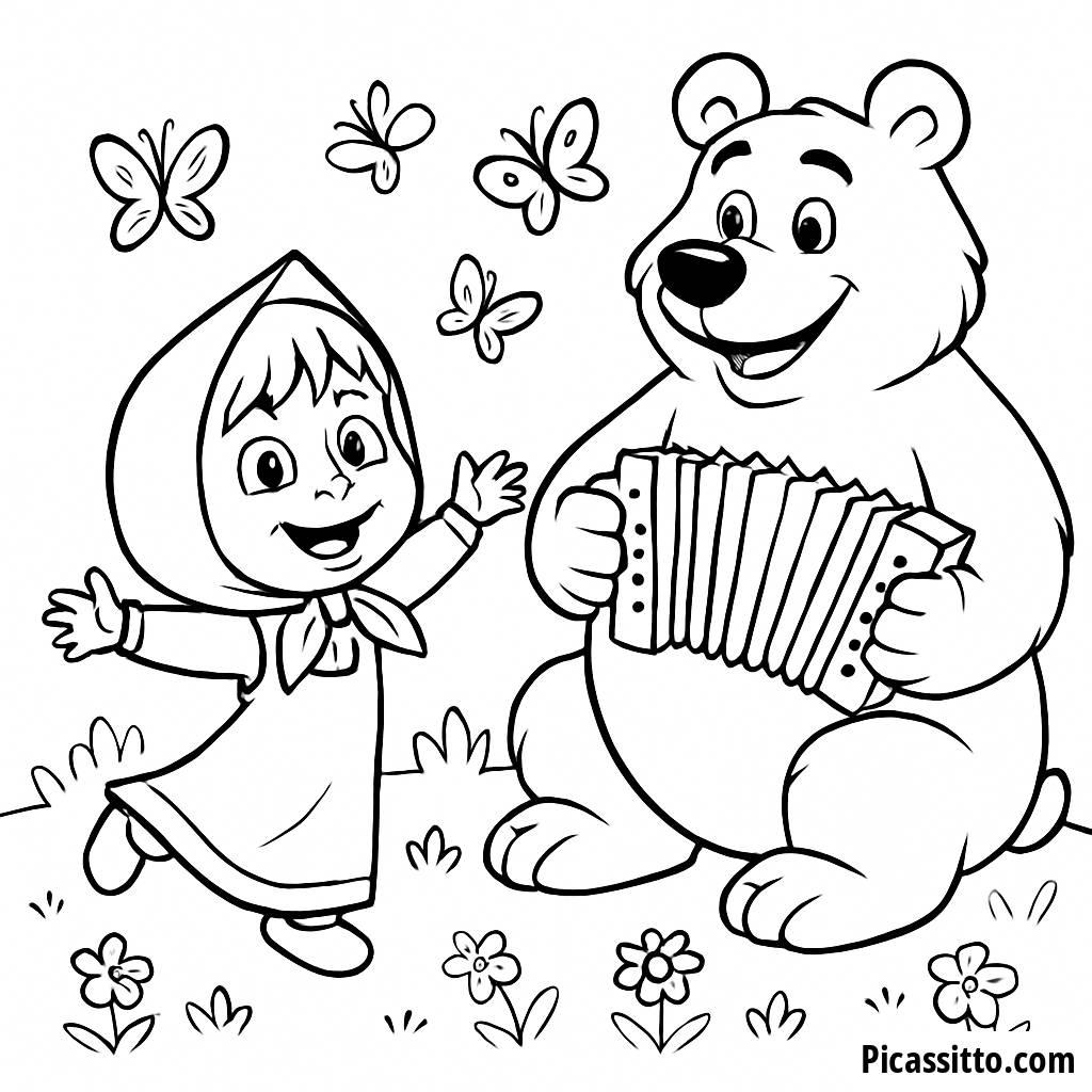 Malvorlage von Masha, die mit Schmetterlingen Tanzt