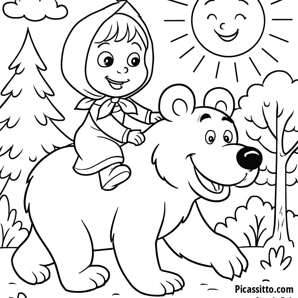 Página para Colorir da Masha Montando no Urso