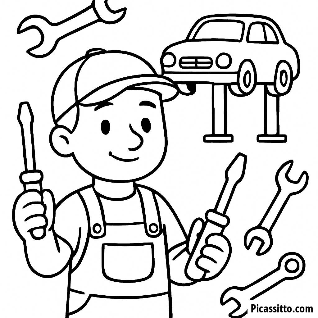 Page à Colorier Mécanicien : Outils et Voitures à Découvrir !