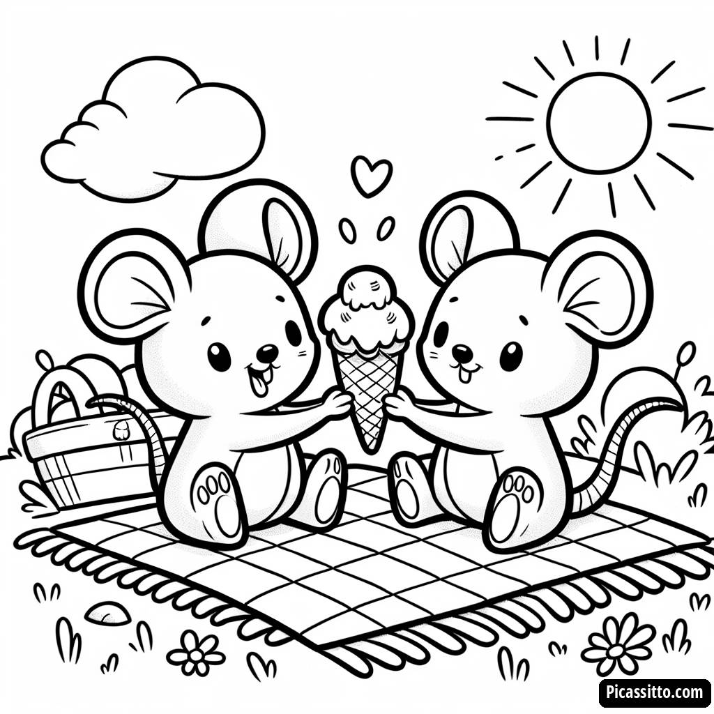 Pagina da Colorare di Topolino e Minnie che Condividono un Gelato su una Coperta da Picnic
