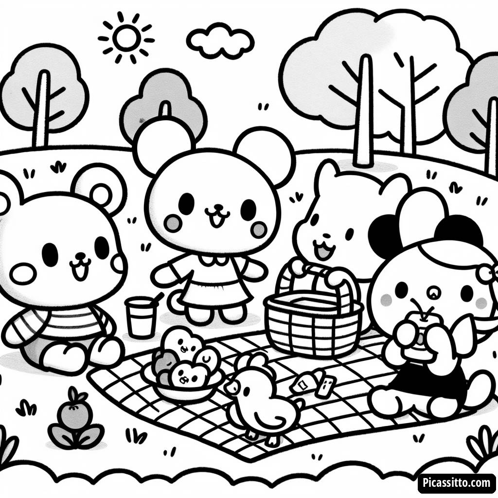 Pagina da Colorare del Picnic di Topolino e Amici