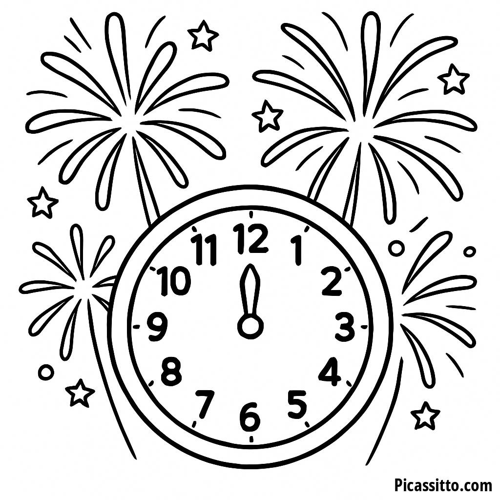 Midnight Clock with Fireworks Coloring Page