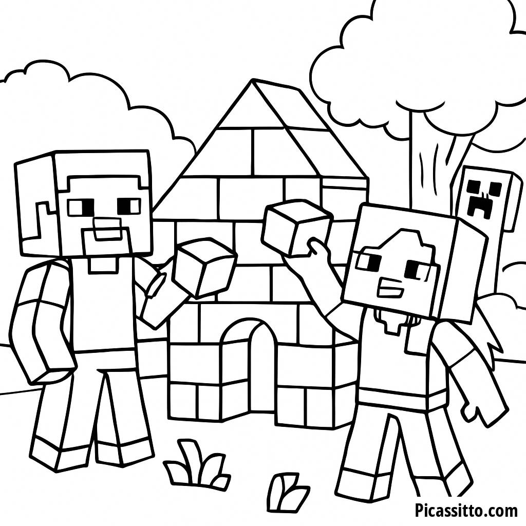 Page à Colorier Minecraft : Steve et Alex Construisent une Maison en Blocs !