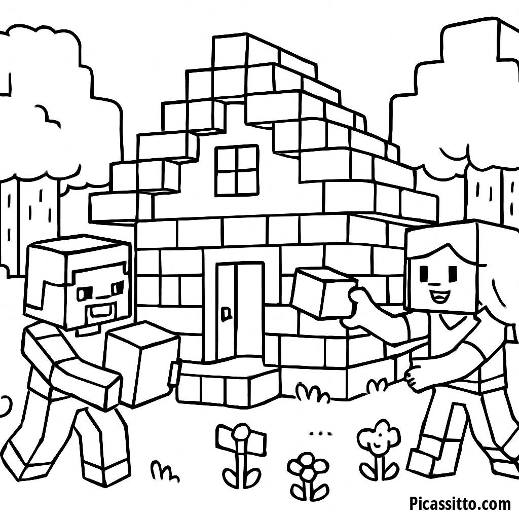 Pagina da Colorare Minecraft: Steve e Alex Costruiscono una Casa Colorata