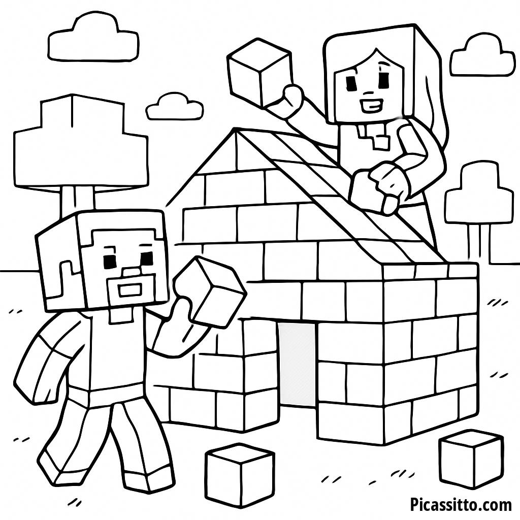 Página para Colorir Minecraft: Steve e Alex Construindo uma Casa de Blocos