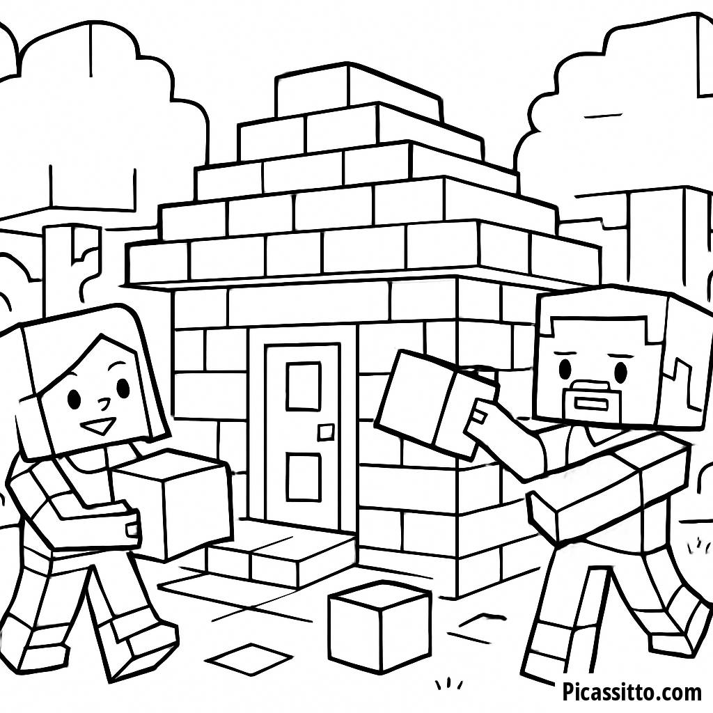 Minecraft Ausmalbild: Steve und Alex Bauen Ein Gemütliches Haus
