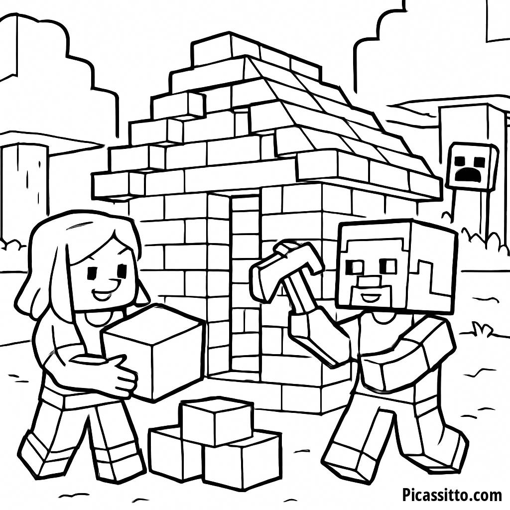 Minecraft Coloring Page: Steve and Alex Building a Cozy House!