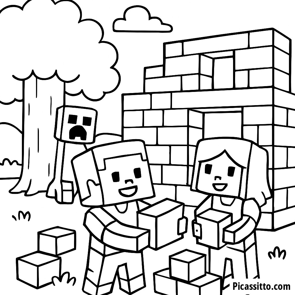 Раскраска Minecraft: Стив и Алекс Строят Дом с Крипером!