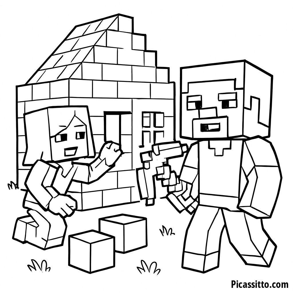 Minecraft Ausmalbild: Steve und Alex Bauen ein Haus mit einer Diamantspitzhacke