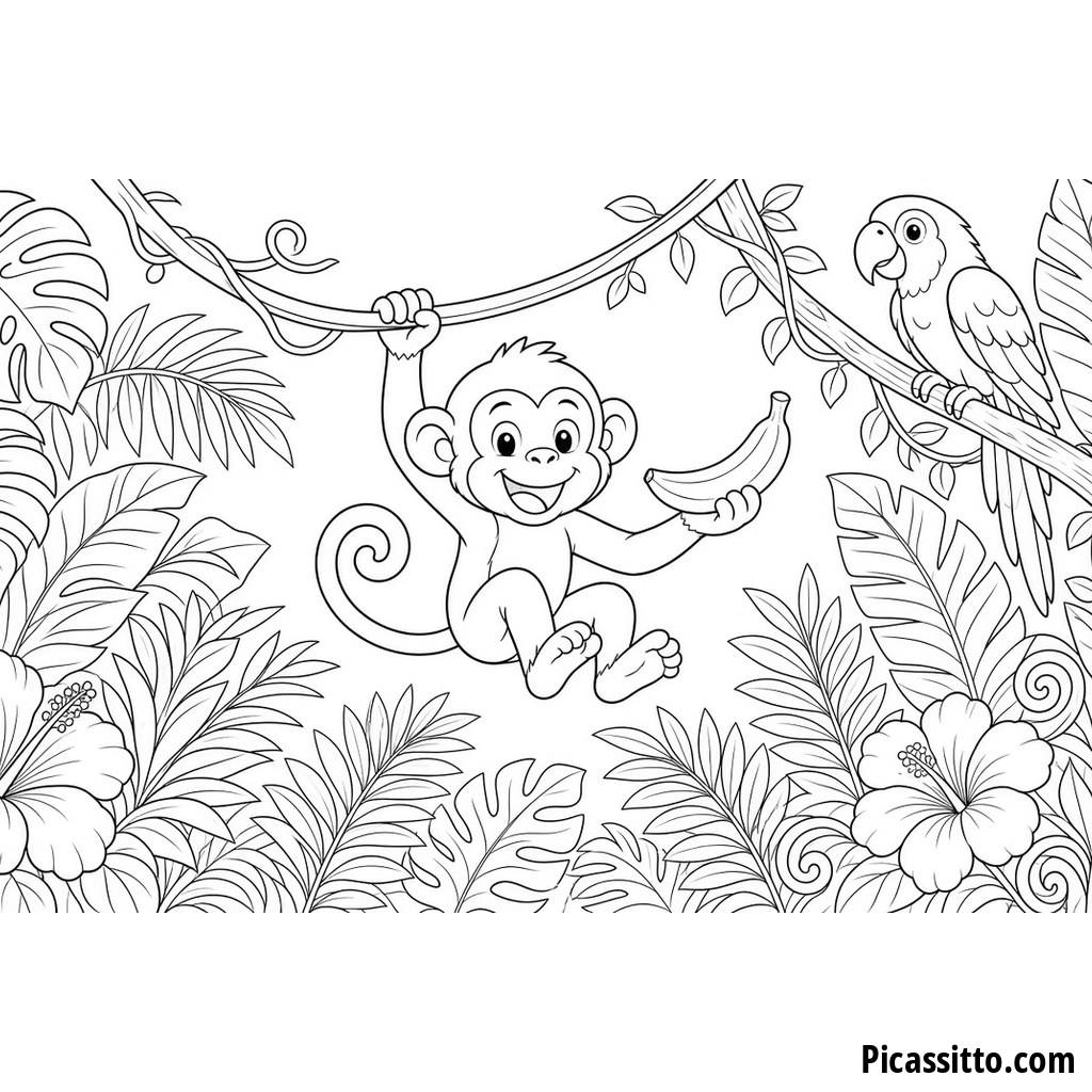 Monkey Swinging on a Jungle Vine Coloring Page
