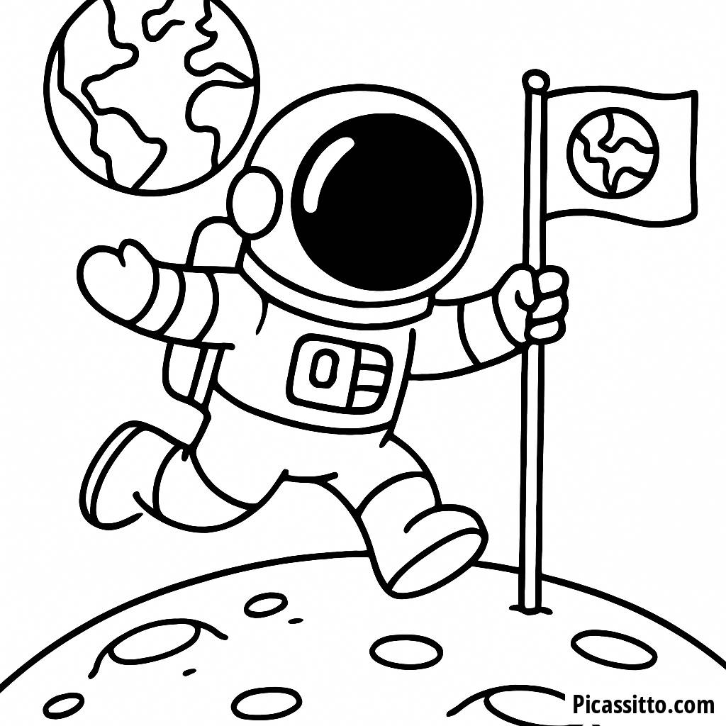 Pagina da Colorare dell'Astronauta che Salta sulla Luna