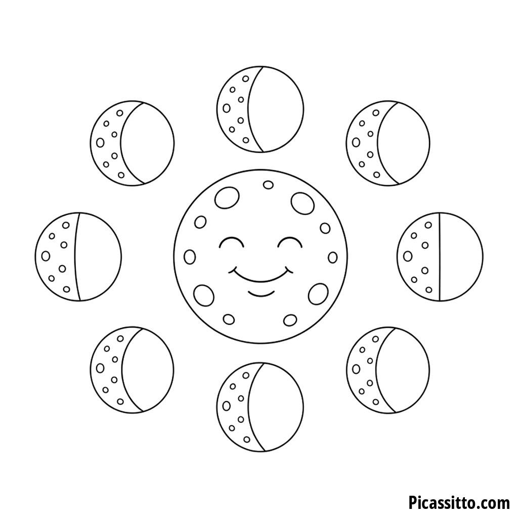 Ausmalbild lachender Mond und Mondphasen