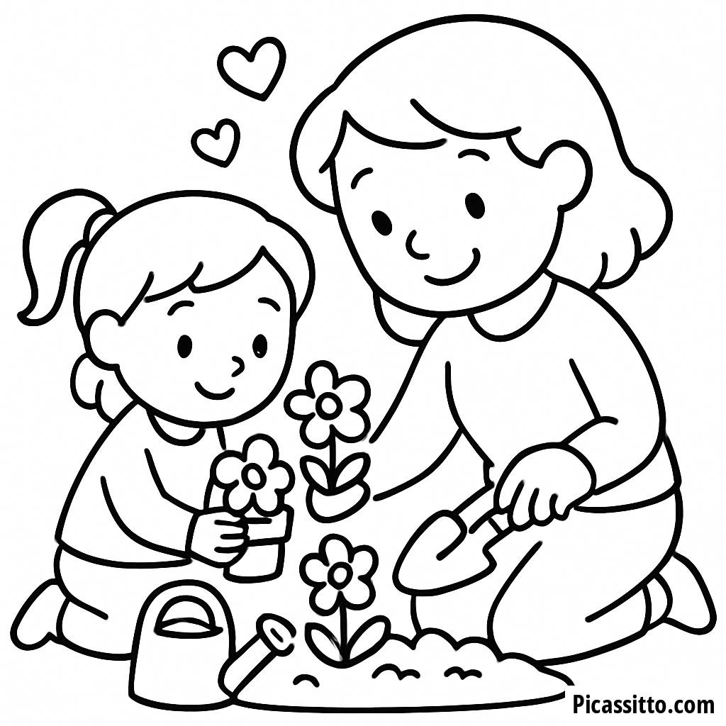 Mother and Child Planting Flowers Coloring Page