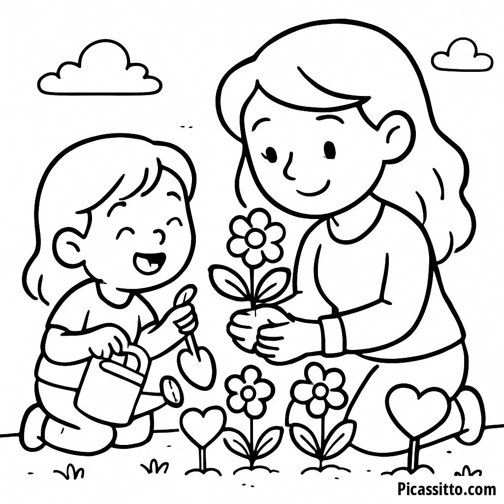 Mother and Child Planting Flowers Coloring Page
