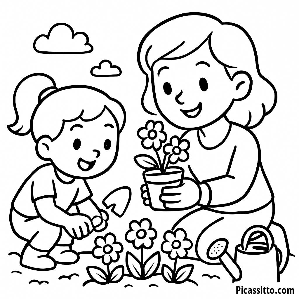 Page à Colorier Maman et Enfant Plantant des Fleurs