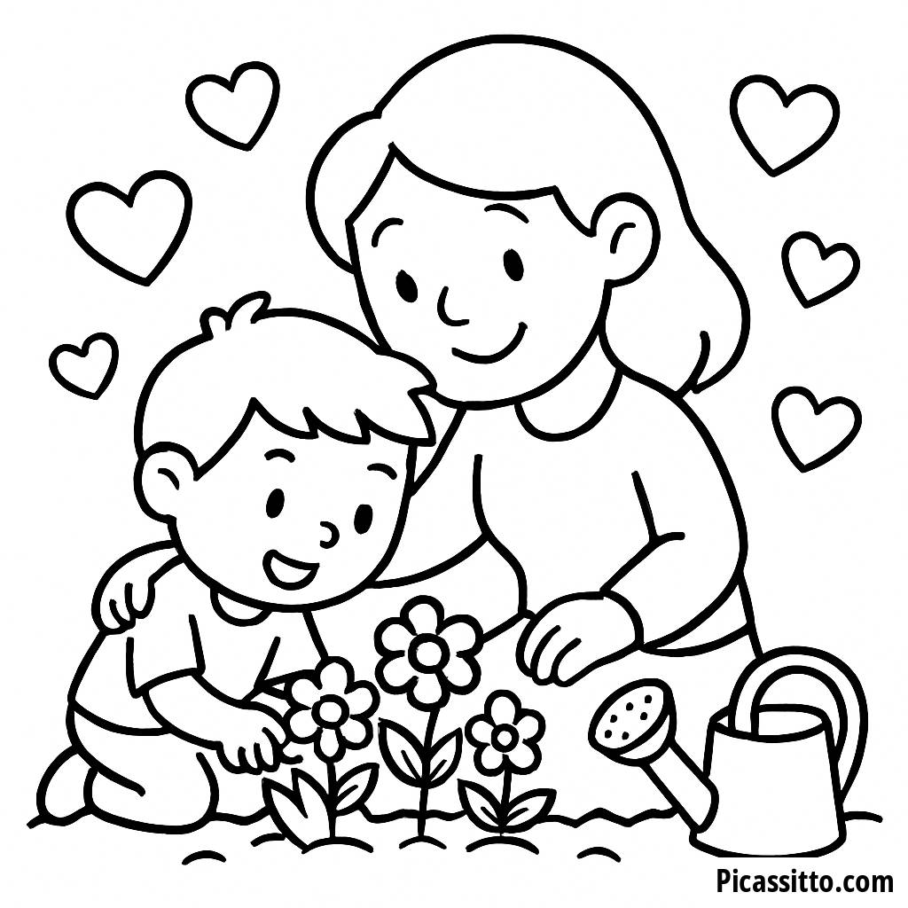 Ausmalbild Mutter und Kind Pflanzen Blumen