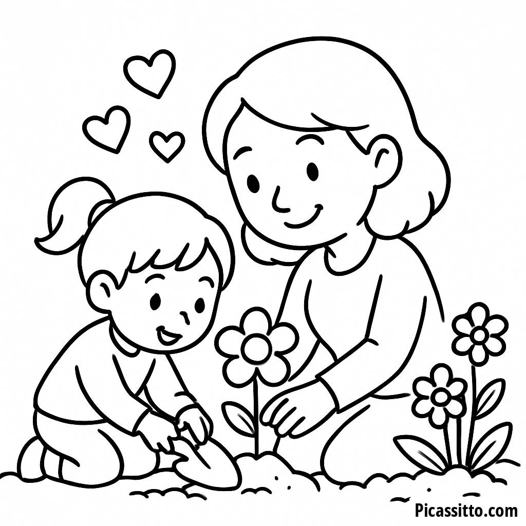 Pagina da Colorare per la Festa della Mamma: Piantare Fiori con Amore