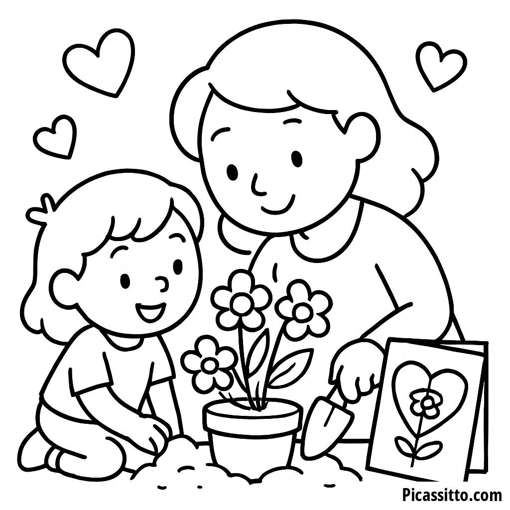 Página para Colorir do Dia das Mães: Plantando Flores com Amor
