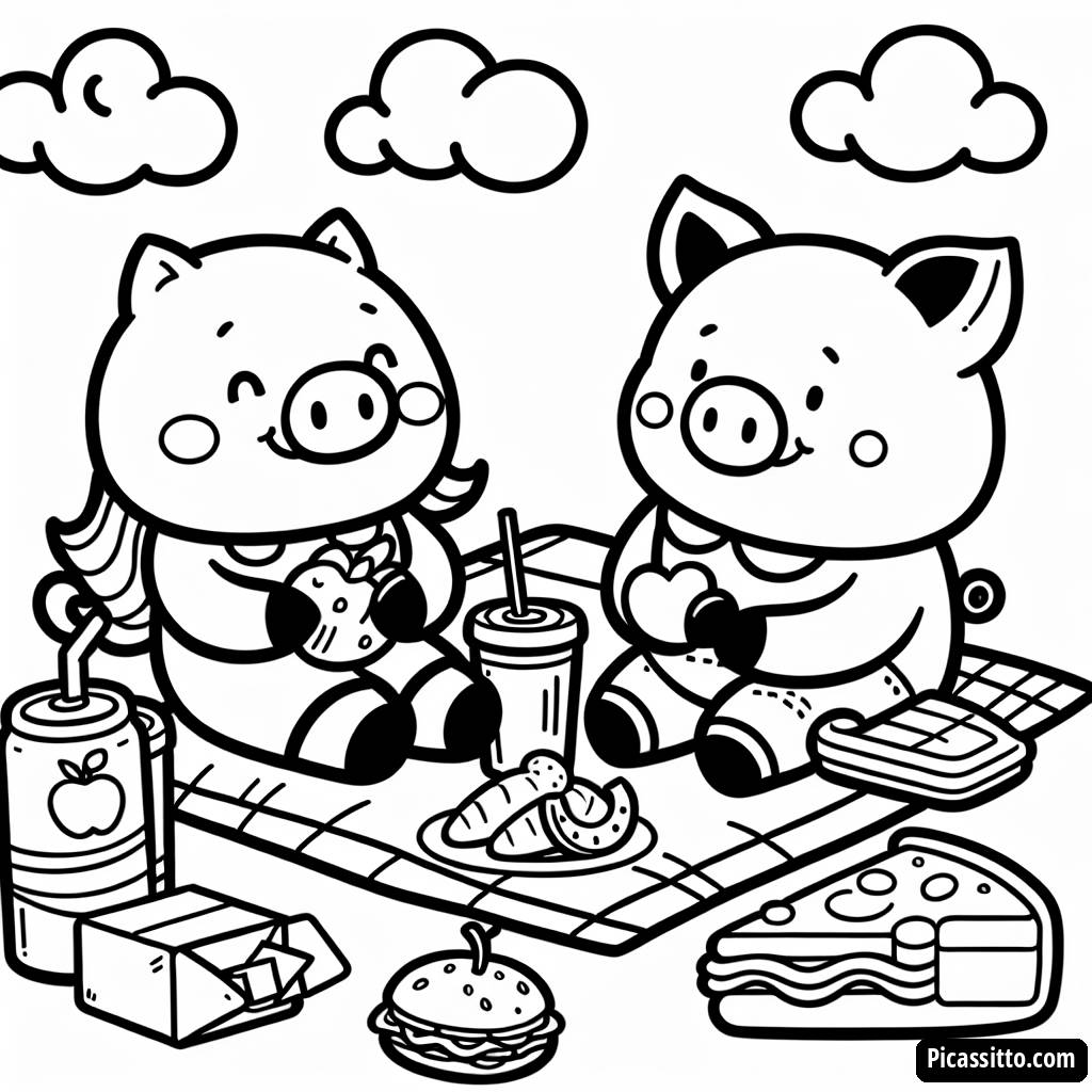 Pagina da Colorare di Mamma Pig e Papà Pig al Picnic