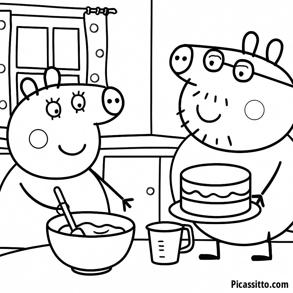 Maman Pig Cuisinant un Gâteau - Page à Colorier Gratuite