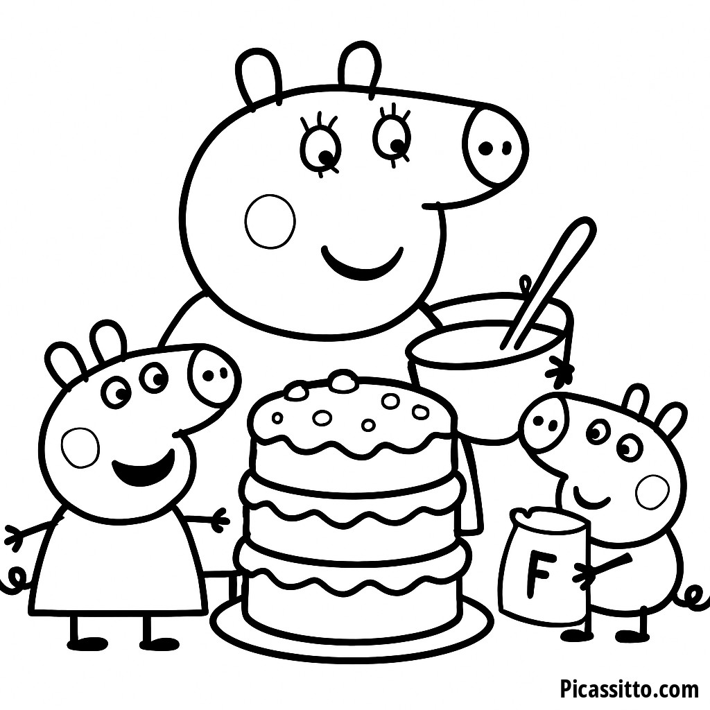 Page de Coloriage de Maman Pig Préparant un Gâteau Géant